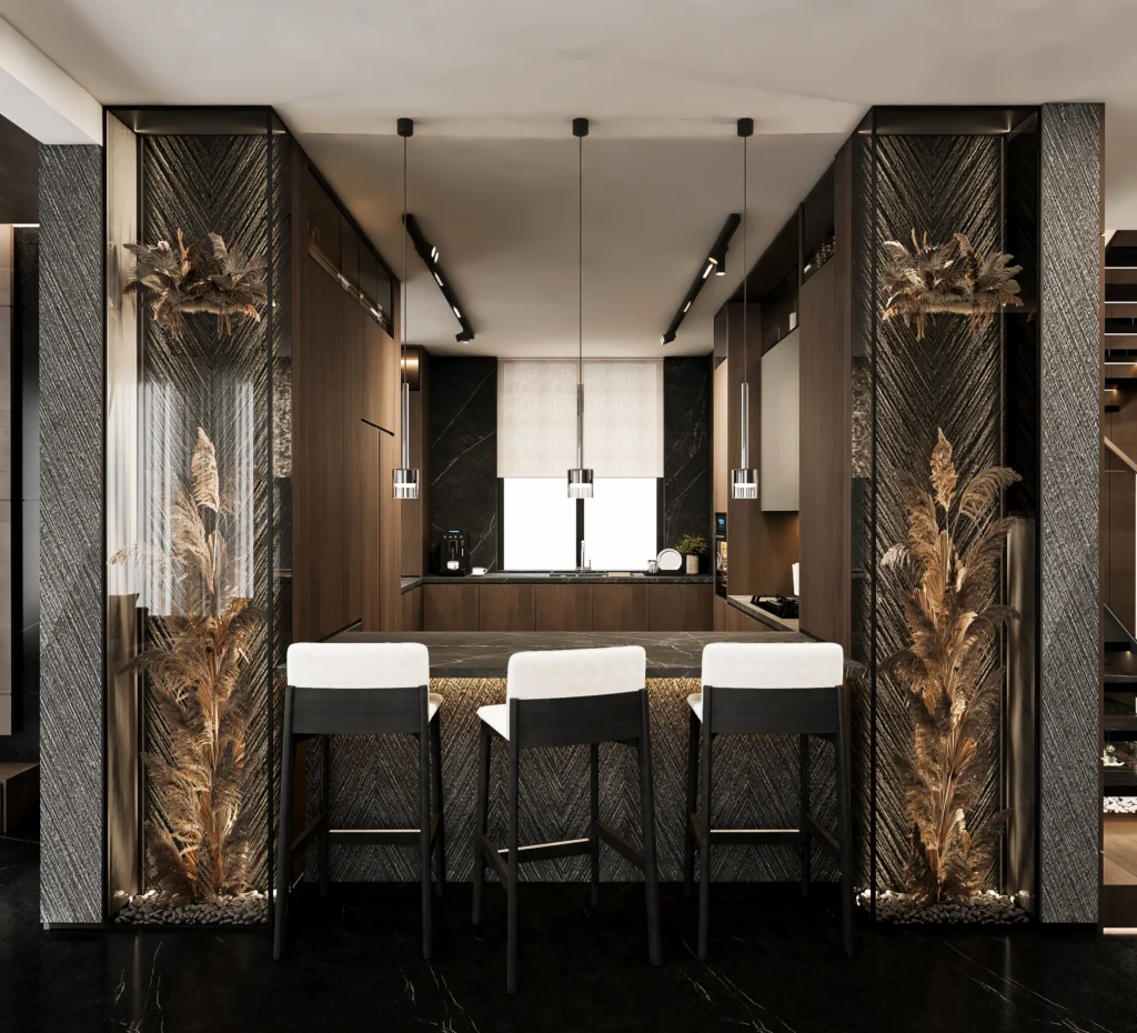 Living Area Living Space Kitchen Space Dining Area furnish and fit out harooni design Dubai. UAE
