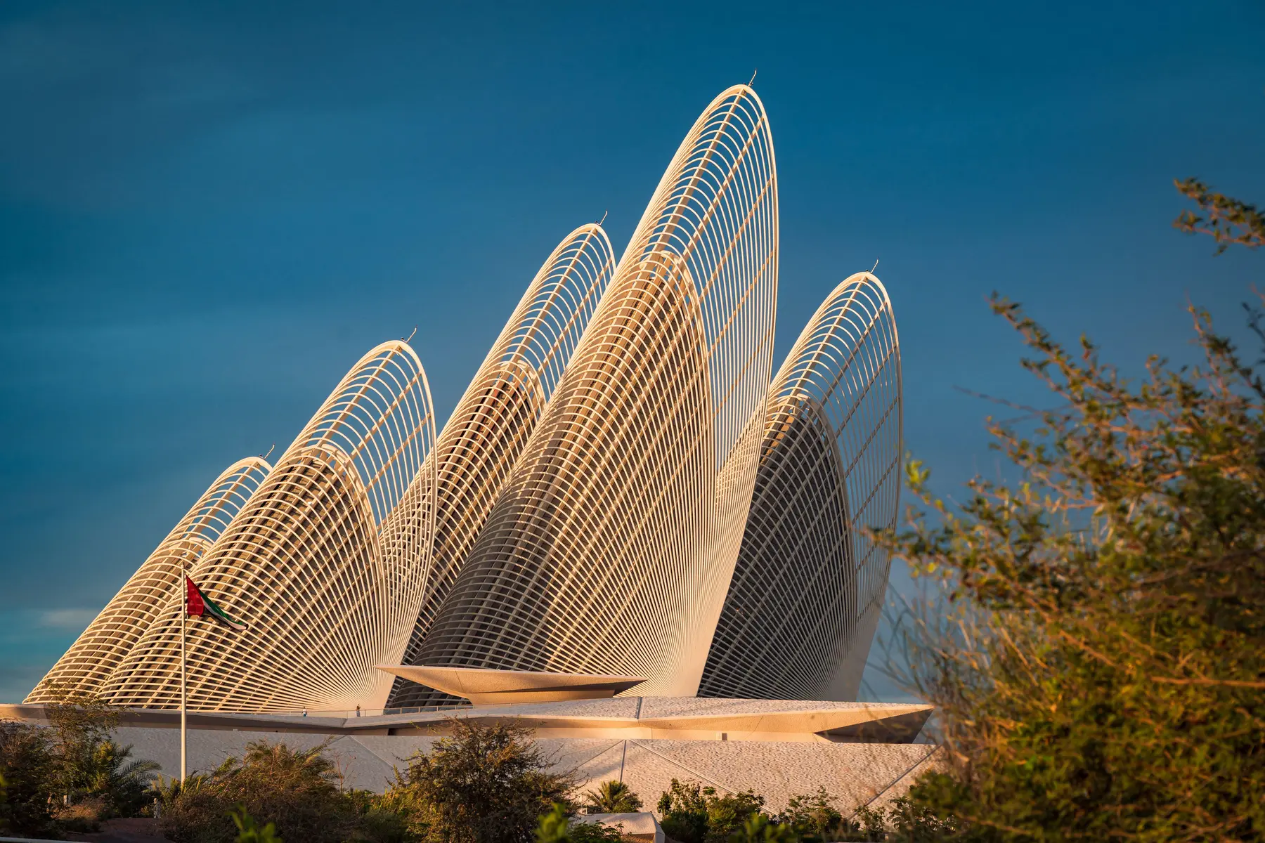 Zayed National Museum illuminated at dusk